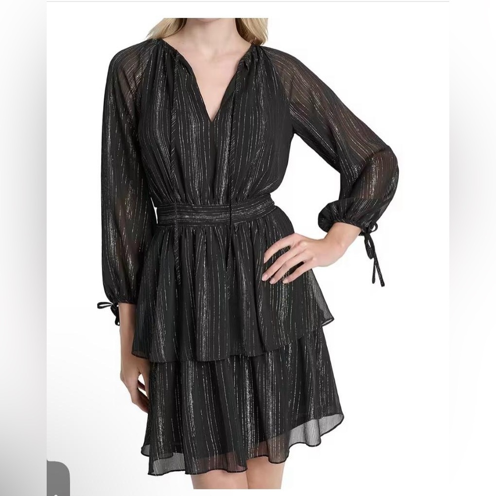DKNY Black Metallic Tiered Long-Sleeve Dress